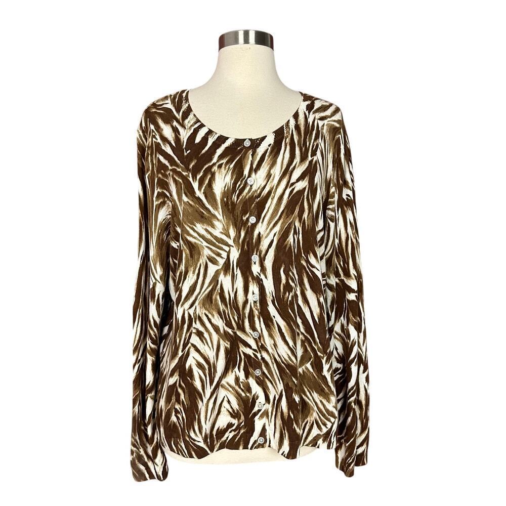 Talbots Cardigan Long Sleeve Animal Print Button Down Cotton Blend Brown Size XL - Picture 2 of 7